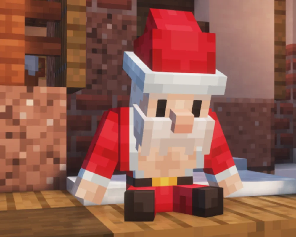 A player in a Father Christmas skin sitting indoors during the winter event